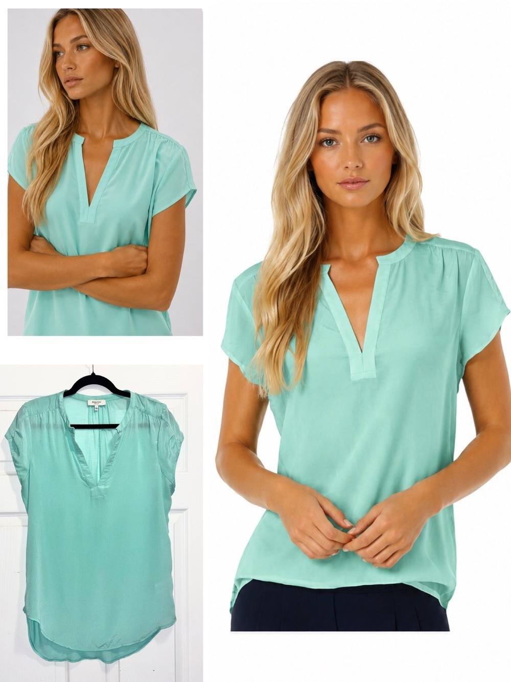Aritzia Babaton Phillip Silk Blouse Short Sleeve Top Aqua Blue Green Size Small